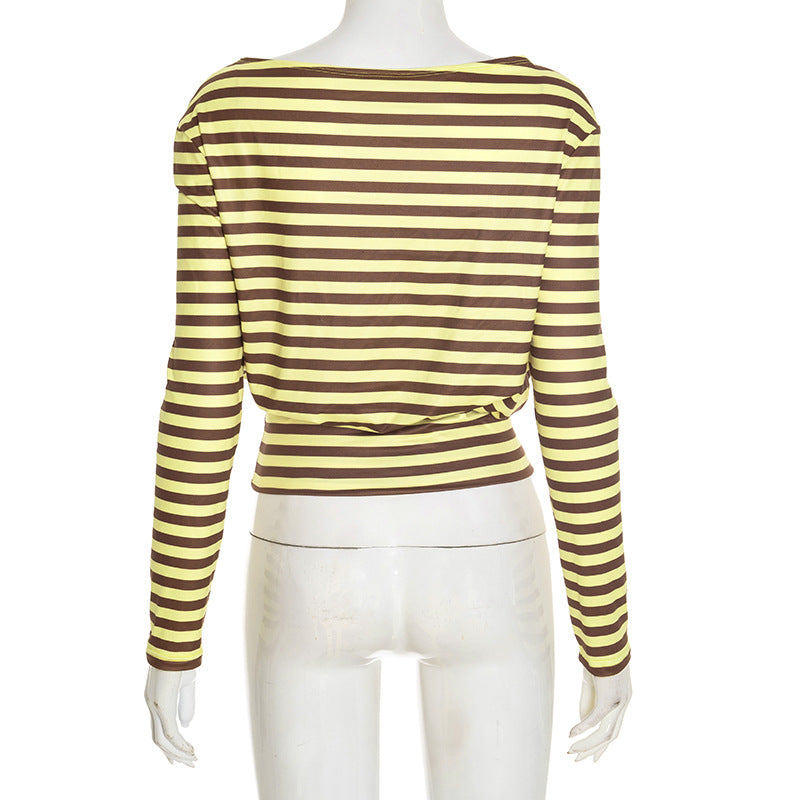 Women Clothing Autumn Winter Casual Striped Personality Minimalist Long Sleeve Waist Controlled Top