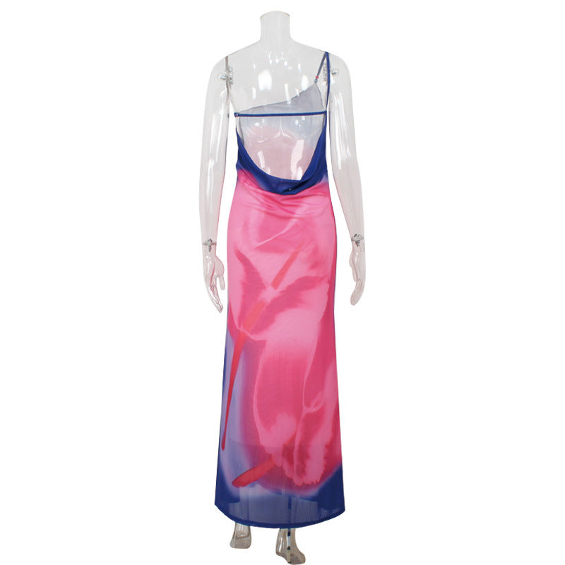 Women Clothing Elegant Diagonal Collar Sling Bare Back Printed Dress Slim Fit Slit Dress