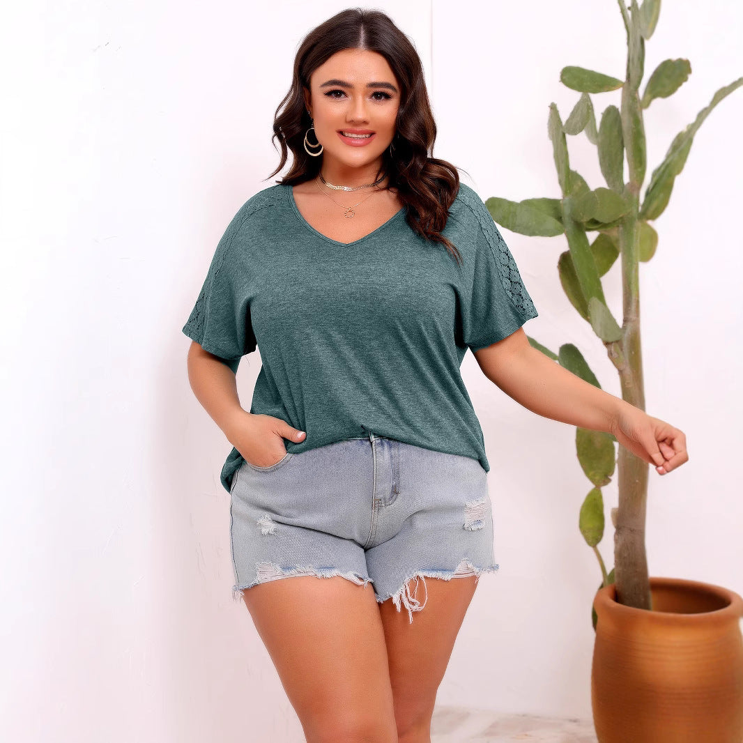 Loose Cutout Lace Stitching Solid Color V neck Short Sleeve