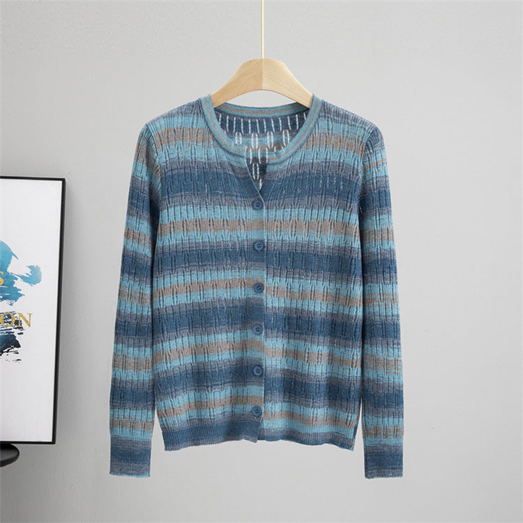 Round Neck Contrast Color Top Women Striped Long Sleeved Coat Autumn Casual Loose Knitted Cardigan