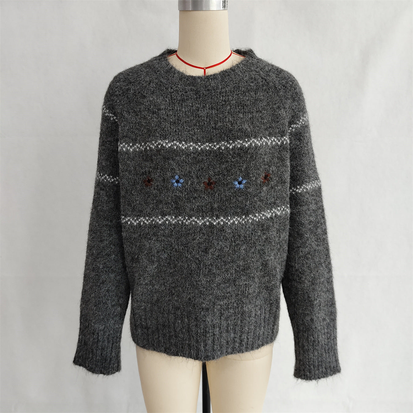 Autumn Winter Clear Cute Floral Embroidery Contrast Color Knitted Pullover Casual Loose Sweater