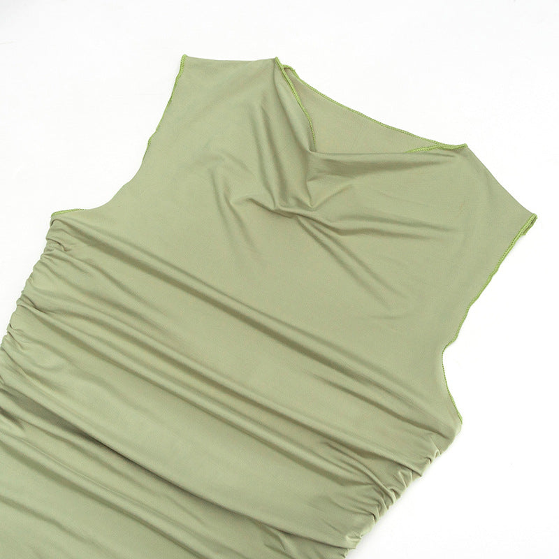 Round Neck Pullover Sleeveless Slim Fit Pleating Short Irregular Asymmetric Solid Color Dress