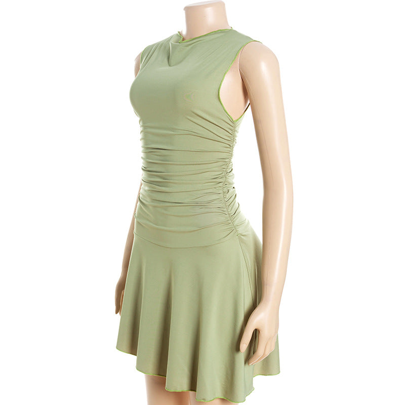 Round Neck Pullover Sleeveless Slim Fit Pleating Short Irregular Asymmetric Solid Color Dress