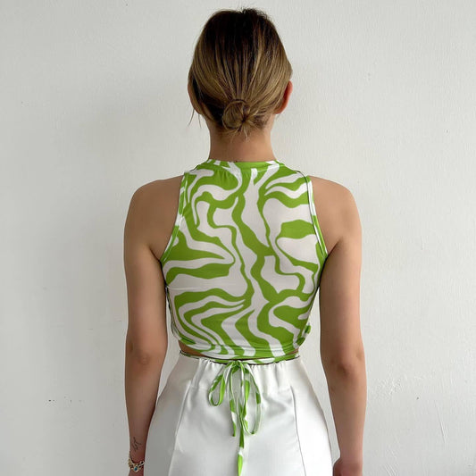 Irregular Asymmetric Pattern Print Vest Women Summer Strap Small Top Cropped Sexy Tight Vest