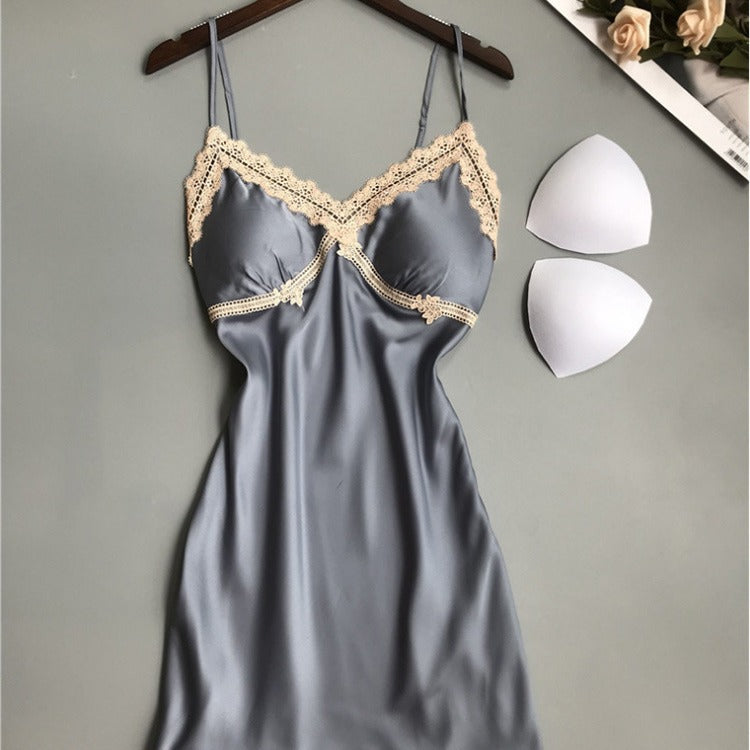 Spring Summer Silk Sexy Lace Backless Pajamas Small Chest Push Up Sling Chest Pad Ice Silk Nightdress Women Autumn