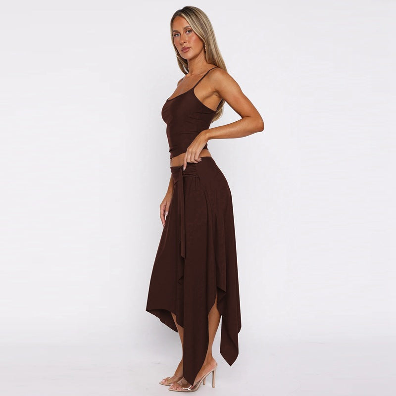 Summer Sexy Sexy Solid Color Camisole Pleated Irregular Asymmetric Skirt Two Piece Sets