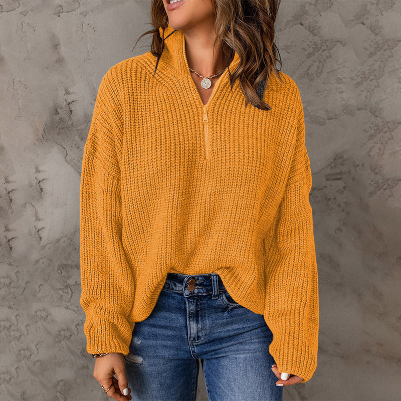 Half Open Collar Long Sleeved Top Women Autumn Winter Solid Color Loose High Collar Sunken Stripe Pullover Sweater