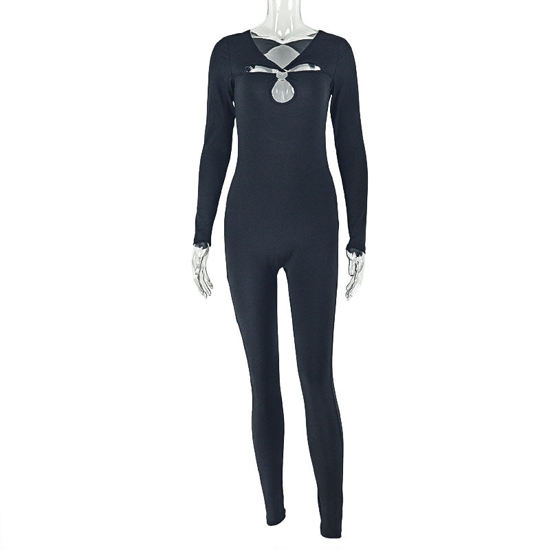 Women Wear Solid Color Hollow Out Cutout Metal Ring Jumpsuit Design Sports Sheath Tight Jumpsuit