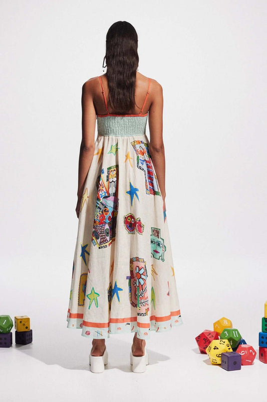 Sexy Graffiti Cotton Linen Printing Positioning Sling Swing Dress