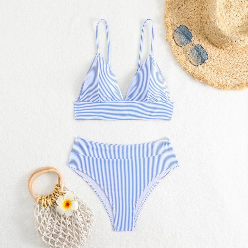 Split Swimsuit Bikini Sexy Swimsuit Slim Striped High Waist Bikini Swimsuit