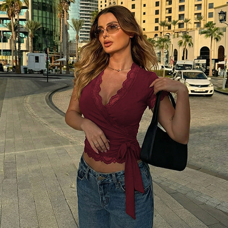 Women Clothing Lace V neck Slim Fit Short Sleeved Ribbon Casual T shirt Top