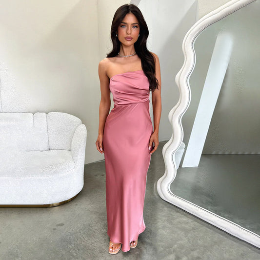 Women Tube Top Sexy Backless Satin Dress Elegant Dress