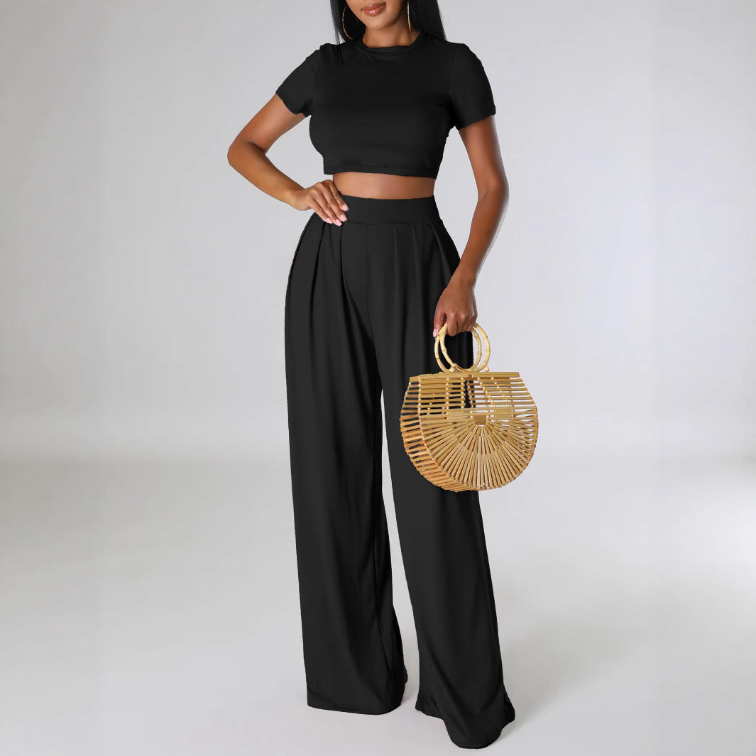 Summer Casual Cropped Top Solid Color Wide Leg Pants Two Piece Set