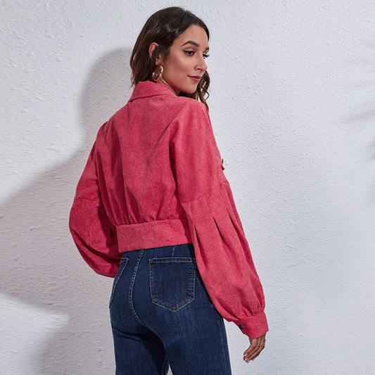 Popular Outdoor Model Real Shot Lantern Sleeve Corduroy Jacket Short Coat Women Loose Long Sleeve Autumn Winter Women Clothing
