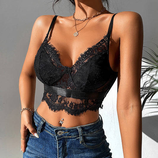 Lace Splicing Sling Vest Women Nightclub Sexy Bare Back Mesh Eyelash