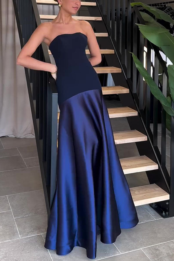 Summer Sexy Tube Top Satin Sleeveless Stitching Solid Color Dress