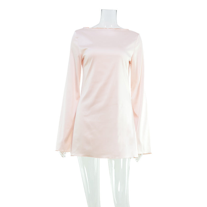 Fashionable Elegant Women Casual Loose round Neck Long Sleeve Satin Comfortable Dress Short