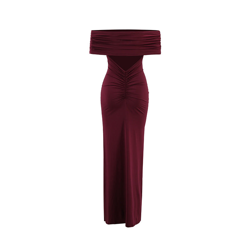 Women Clothing Summer Sexy off Shoulder Backless Bag Hip Pleated Solid Color Dress