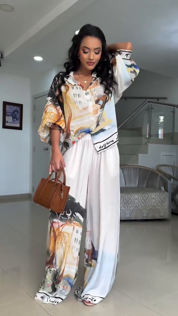 Women Clothing Positioning Printing Loose Lantern Sleeve Shirt Wide Leg Pants Two Piece Sets
