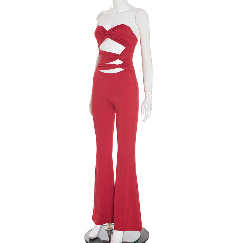 Women Clothing Autumn Solid Color Strapless Sleeveless Slim Hollow Out Cutout Backless Twisted Knot Jumpsuit