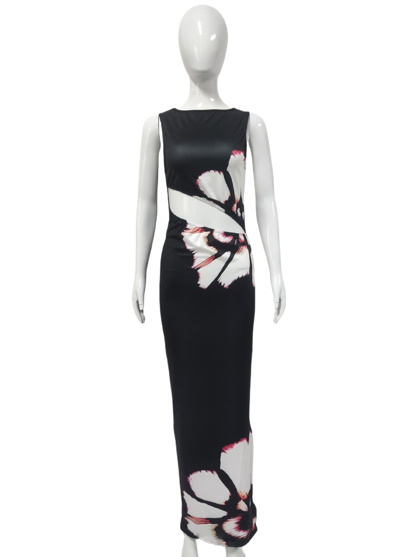 Women Clothing Retro Hollow Out Cutout out Cropped Sexy Slit Dress Summer round Neck Elegant Dress Women