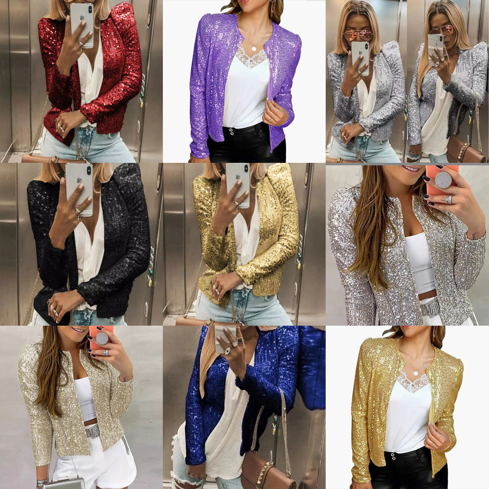 Spring Women Stand Collar Color Matching Sequ Coat Short Casual Small Coat
