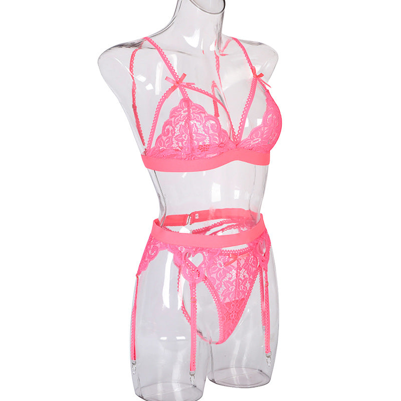 Lace Stitching Underwear Bow Criss Cross Garter Three Piece Set Female