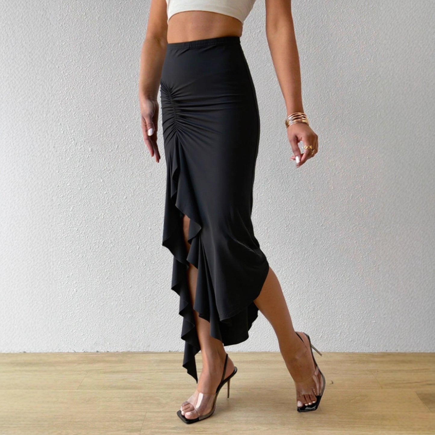 Irregular Asymmetric Ruffled Stitching High Waist Skirt Slit Sheath Skirt