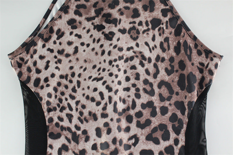 Sexy Sleeveless Halter Leopard Print Printed Mesh Stitching Jumpsuit Tight High Elastic Trousers