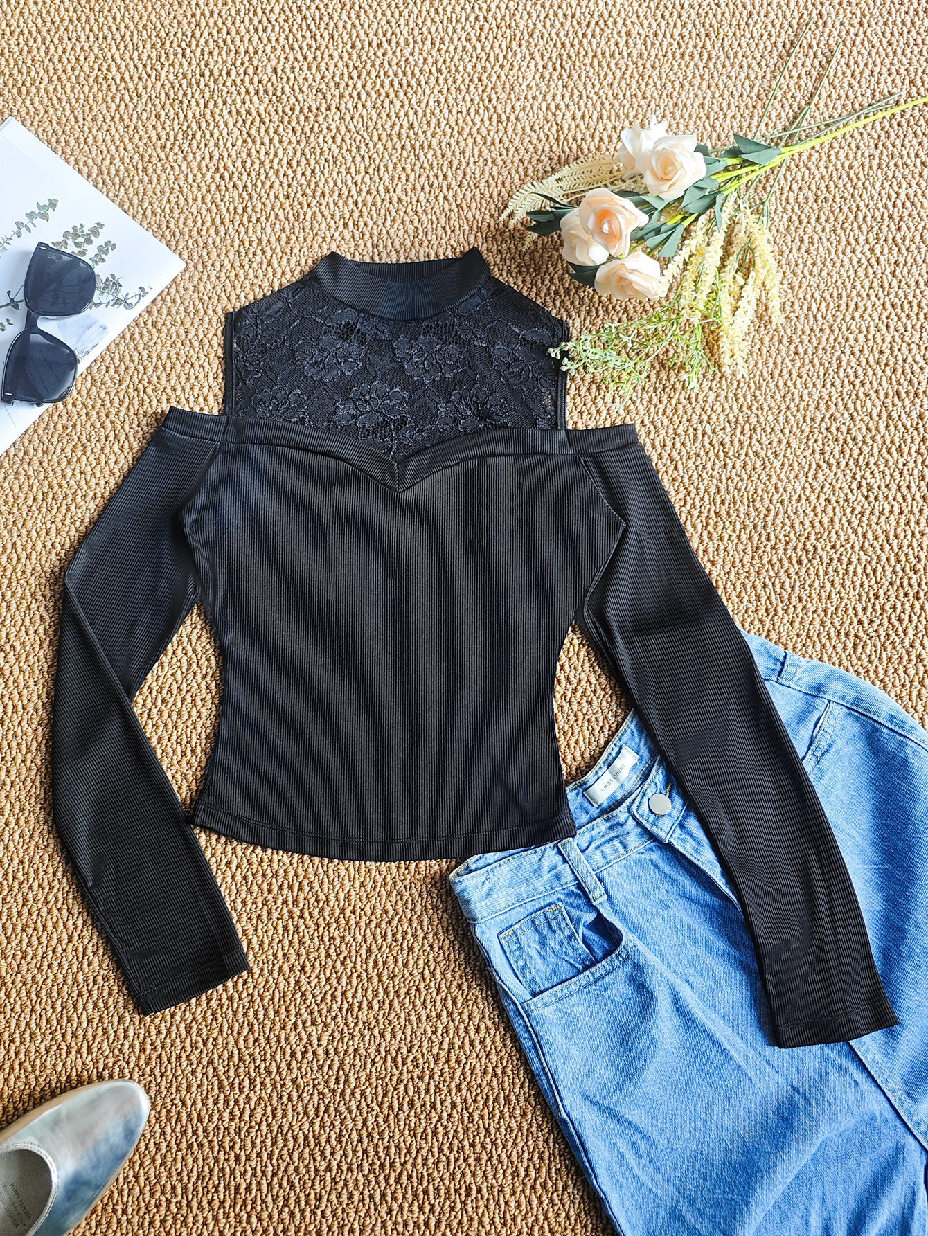 Sexy Black Cut out Lace off Shoulder T shirt Stitching Long Sleeve Tight Stretchy Underwear Women Outerwear