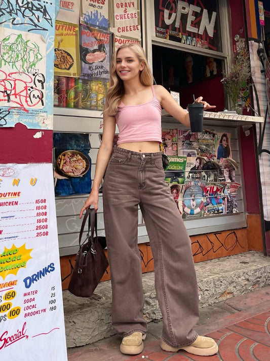 Non Elastic Wide Leg Three Dimensional Cat Beard Denim Candy Color Brown Colored Trousers