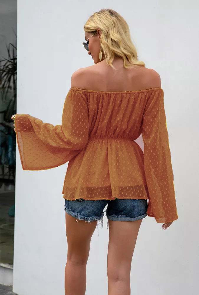 Mature Elegant Pullover Long Sleeve Square-Neck off-Neck Slim Shirt for Women