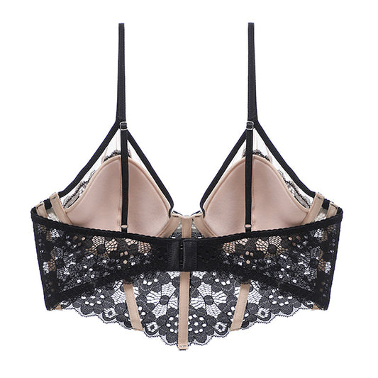 Sexy Underwear Thin Cup Braces Vest Bra Push up Crocheted Lace Long Bra Set