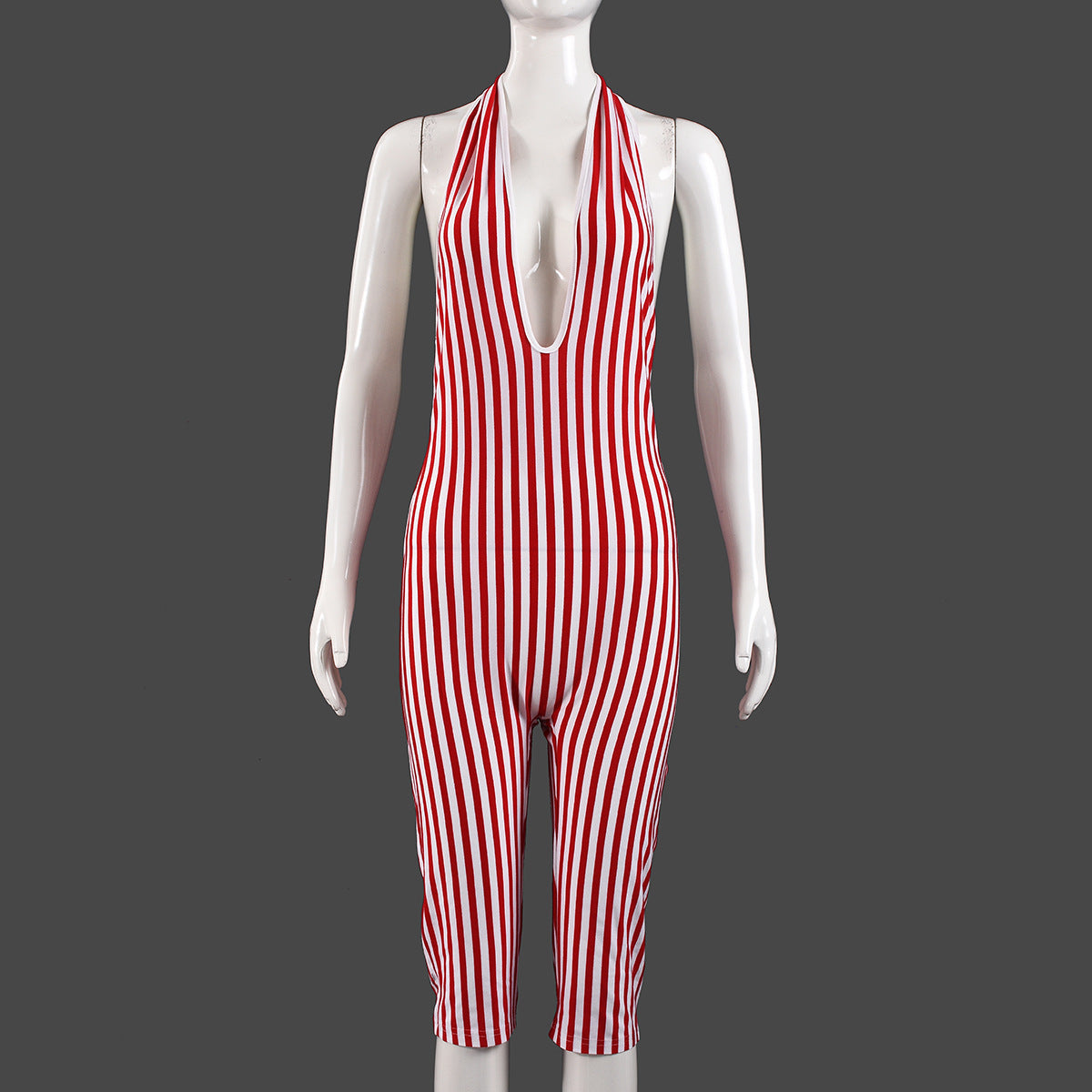 Stripes Hollow Out Cutout Backless Lace up Short High End Jumpsuit Women
