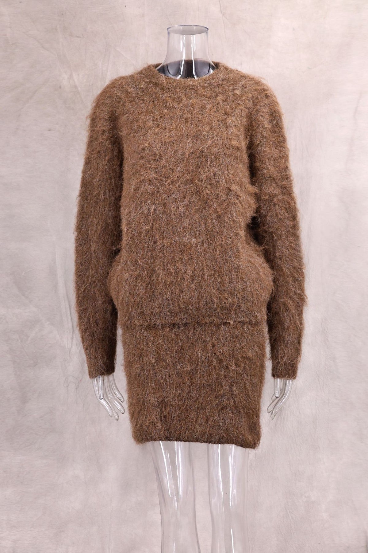 Autumn Winter Lazy Wind Long Wool round Neck Long Sleeve Short Skirt Two Piece Sets