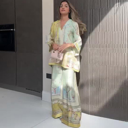 Summer Elegant Positioning Printed Top Wide Leg Pants Two Piece Set