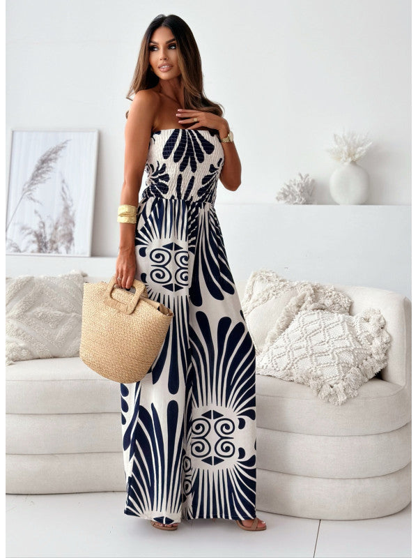 Women Clothing Chemical Supply Summer Printed Tube Top Cinched Waist Trousers Jumpsuit