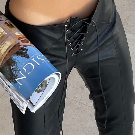 Autumn Women Clothing Faux Leather Pants Women Straight Loose Casual Low Waist Leather Pants Hair