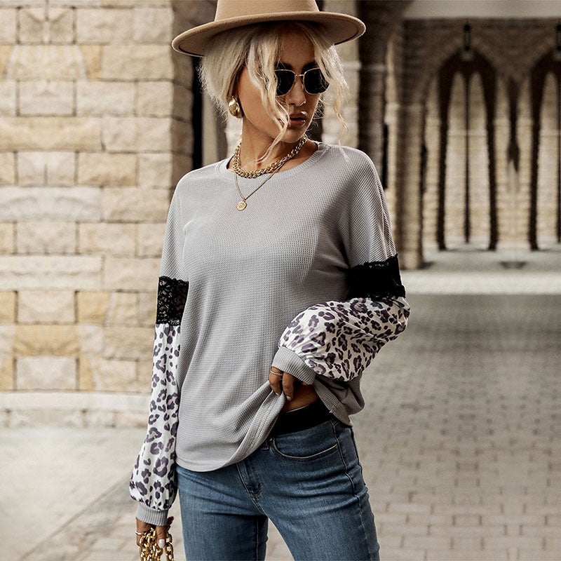 Autumn Winter Stitching Top Women Leopard Print Long Sleeve Contrast Color Knitwear
