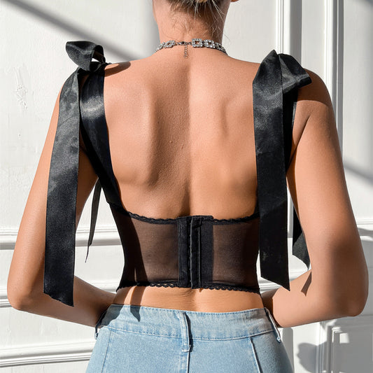 Street Sexy Lace Mesh Boning Corset Corset Pure Want to Wear outside Slim Fit Skinny Square Collar Long Sleeve Low Cut Top