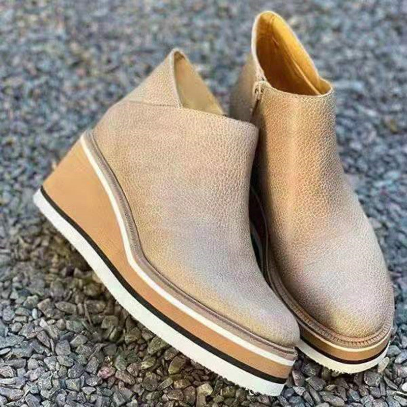 Wedge Thin Short Boots for Women Autumn Winter Side Zipper Mid Heel Leather Surface Ankle Boots