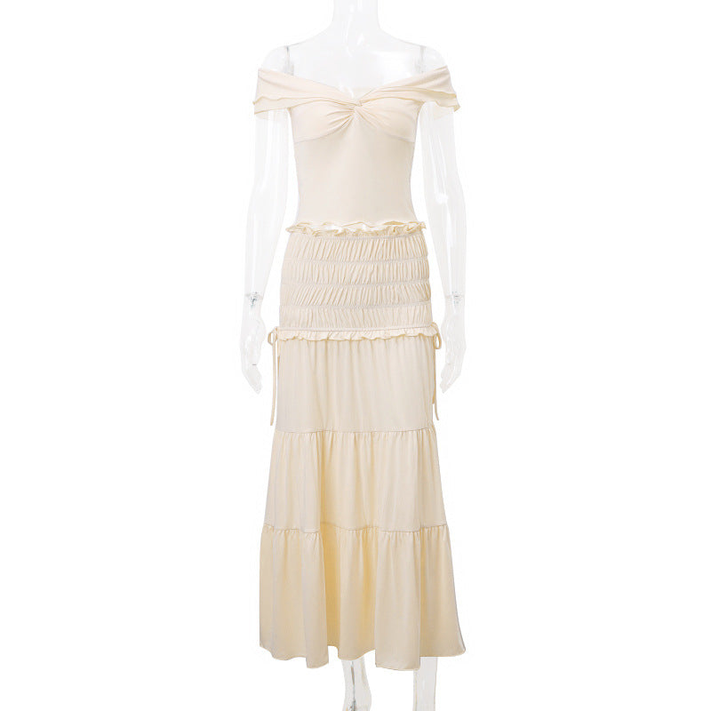 Summer Women Sexy Cropped Low Cut Short Vest French Pleated Skirt Set Women