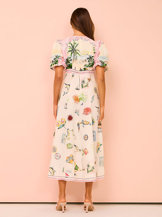 Summer Casual Printed Cotton Linen Round Neck Short Sleeve Dress Women Amplified craft
