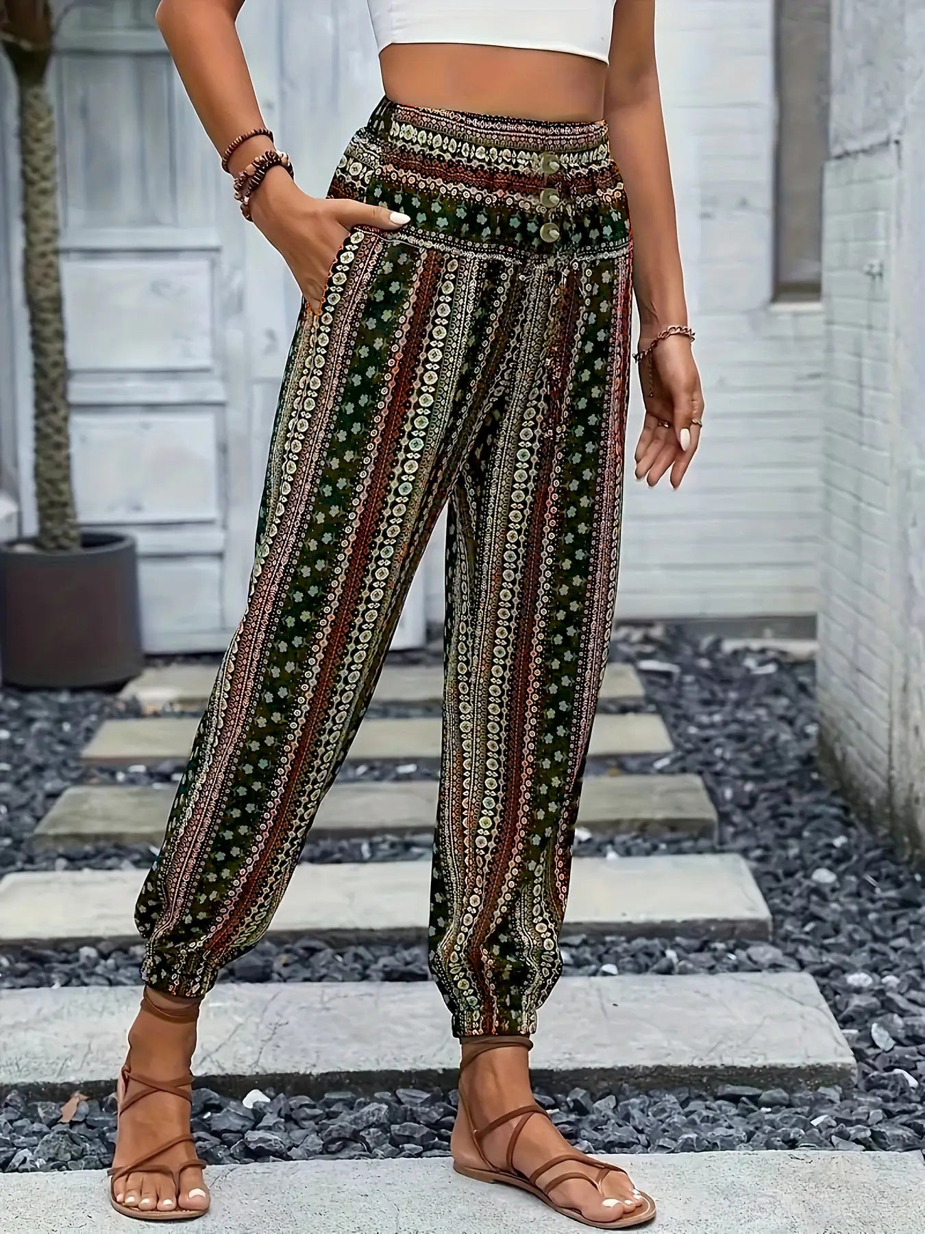 Spring Summer Women Clothing Bohemian Ethnic Print Loose Slimming Draping Effect Elastic Waist Ankle Tied Casual Pants