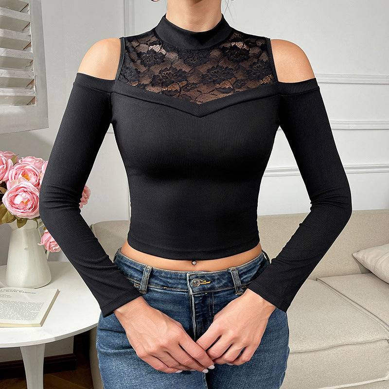 Sexy Black Cut out Lace off Shoulder T shirt Stitching Long Sleeve Tight Stretchy Underwear Women Outerwear