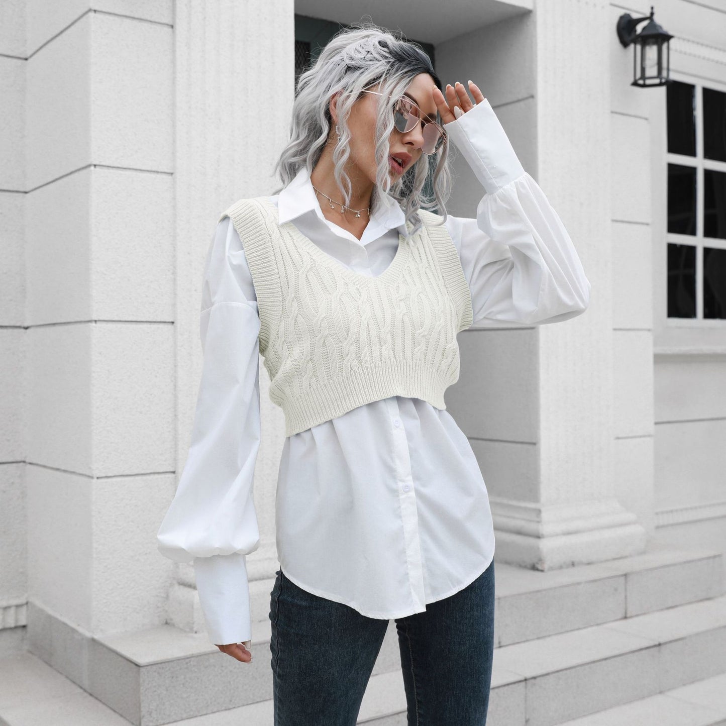 Twist V-neck Short Vest Sweater Women Short Vest Autumn Winter Outer Wear Inner Wear Knitwear Sweater