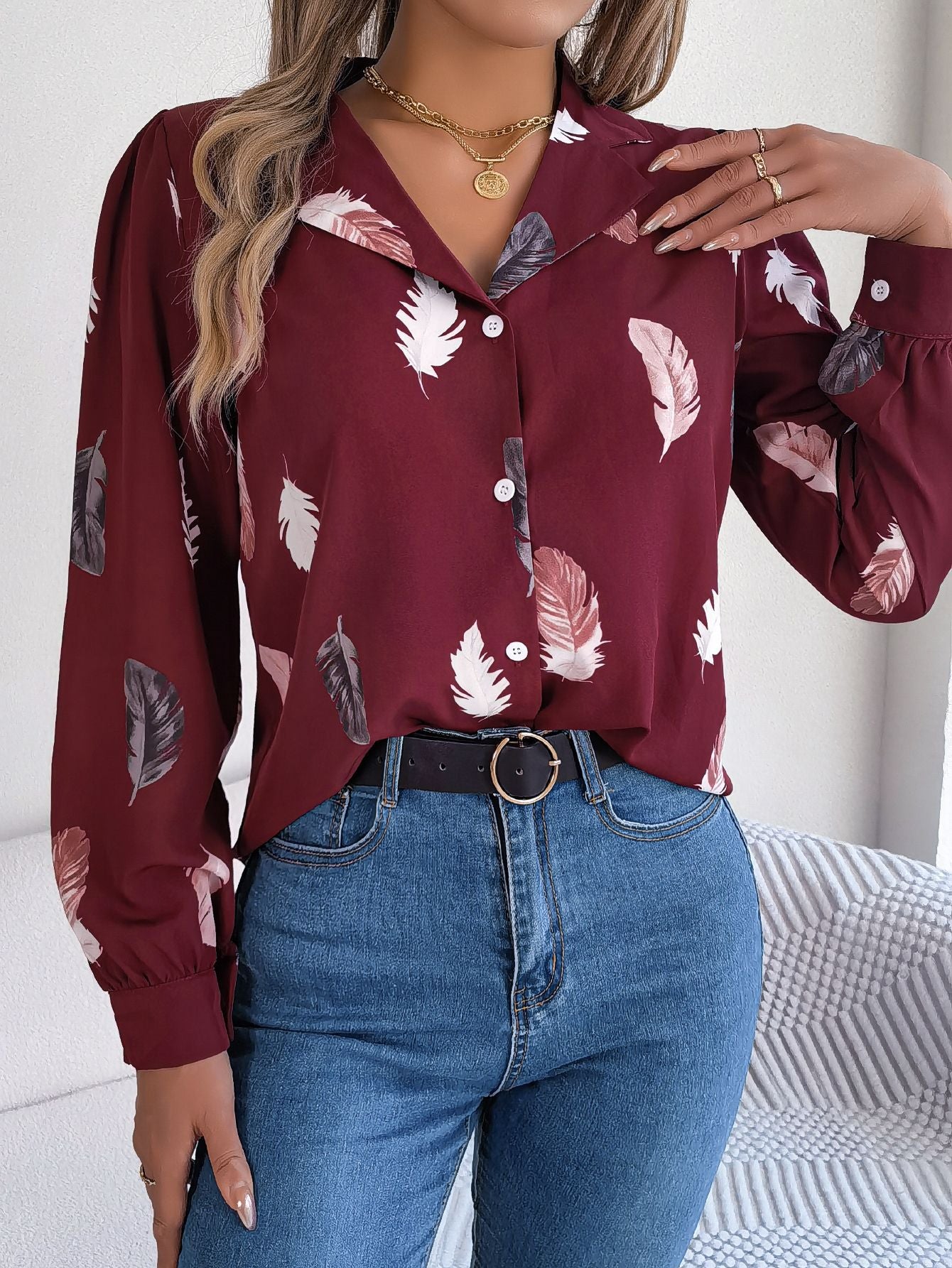 Autumn Winter Elegant Feather Printed Suit Collar Long Sleeve Shirt Women Clothing