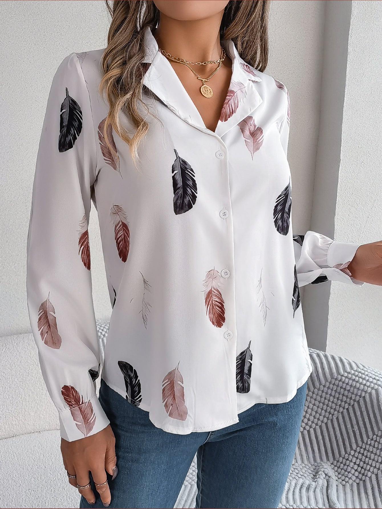 Autumn Winter Elegant Feather Printed Suit Collar Long Sleeve Shirt Women Clothing