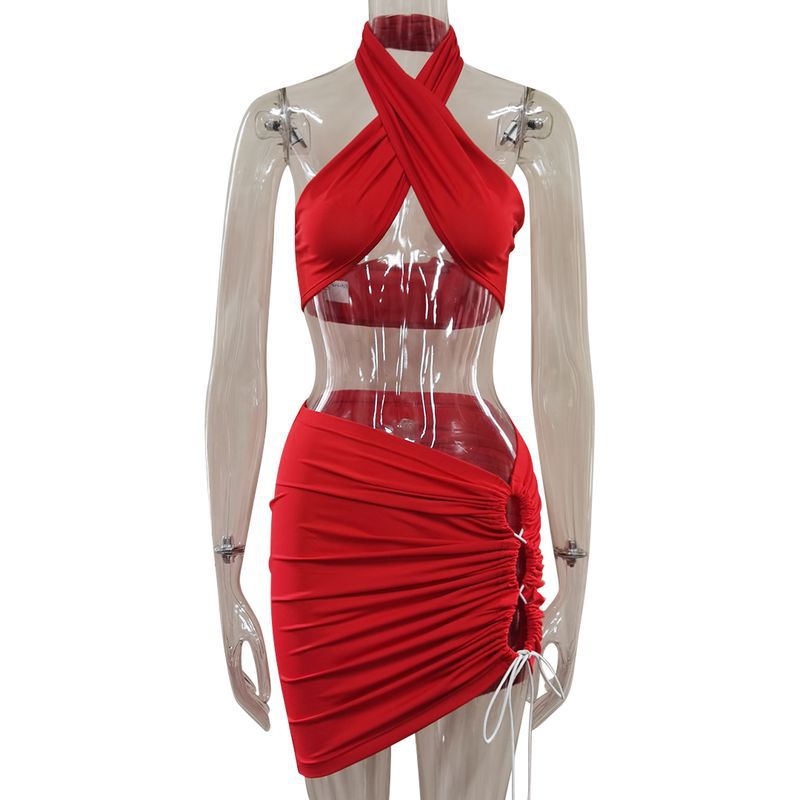 Clothing Women Clothing Sexy Slim Set Lace up Halter Vest Drawstring Stitching Skirt Set