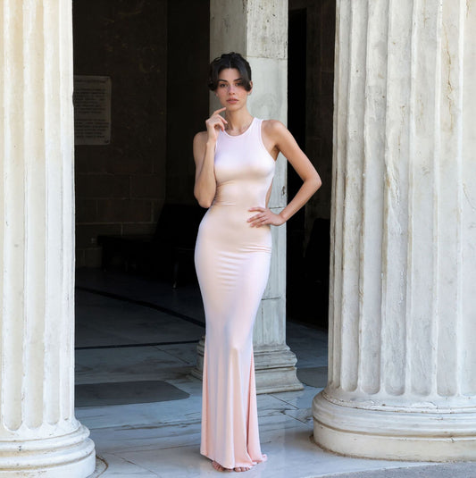 Women Clothing Fall round Neck Solid Color High Waist Hollow Out Cutout out Bow Decoration Sheath Dress